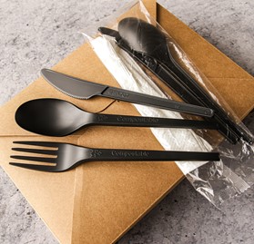 Cutlery Set, Black Plastic w/ Napkin
