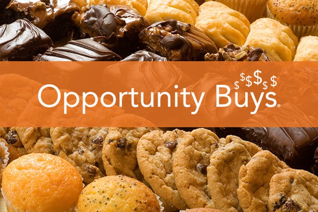 Dessert tray with various cookies and pastries with text banner stating opportunity buys across image